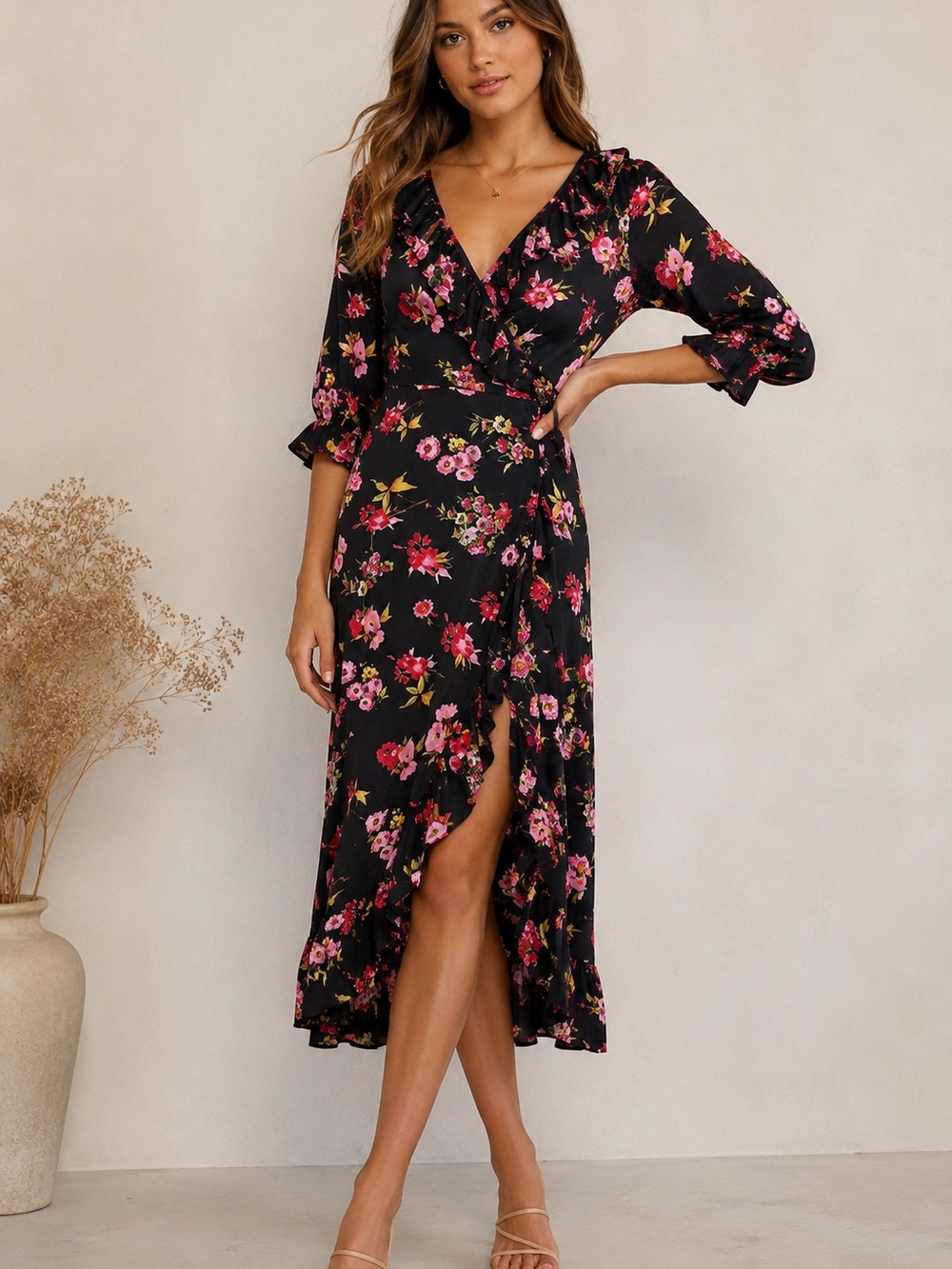 Lulus Black Floral Wrap Midi Dress Small Ruffle Sleeve Boho Rayon Cottagecore S